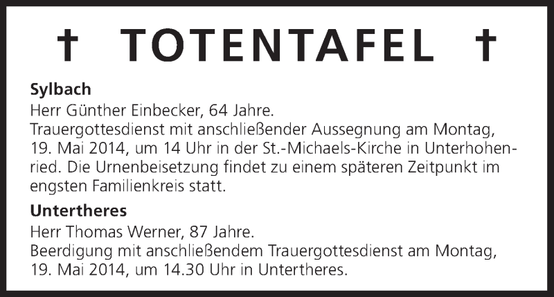  Traueranzeige für Totentafel vom 17.05.2014 vom 17.05.2014 aus MGO