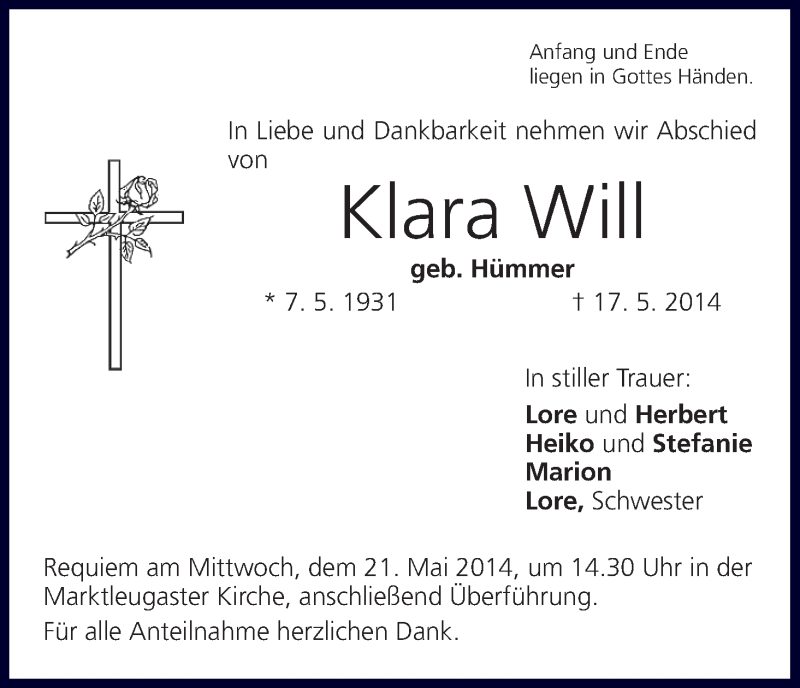  Traueranzeige für Klara Will vom 19.05.2014 aus MGO