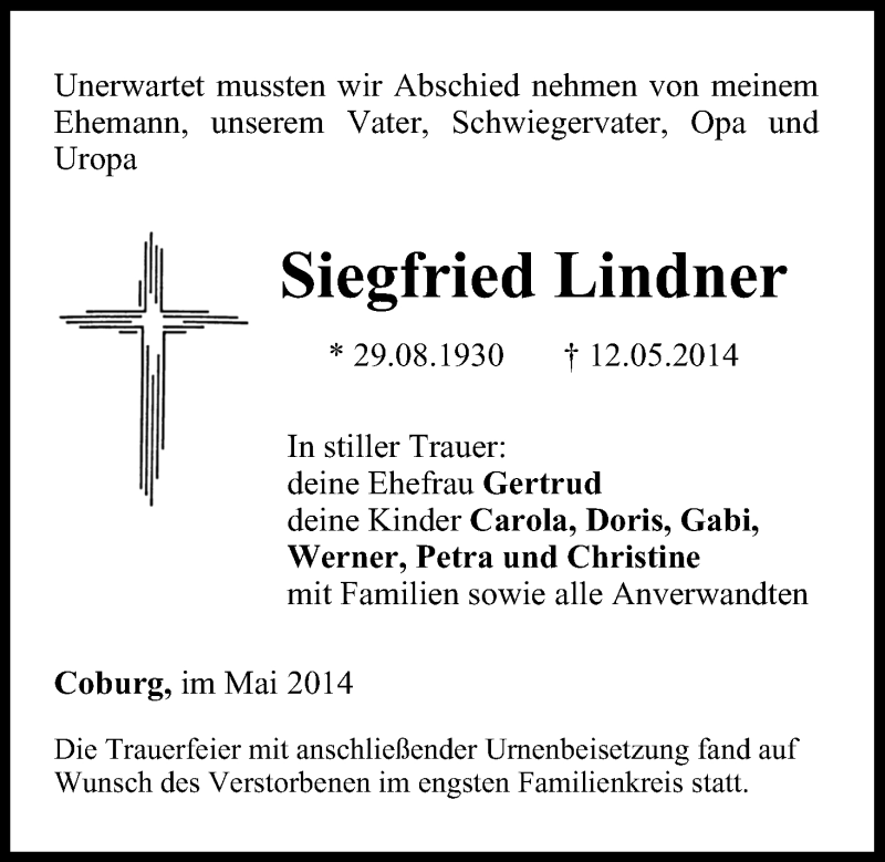  Traueranzeige für Siegfried Lindner vom 20.05.2014 aus MGO