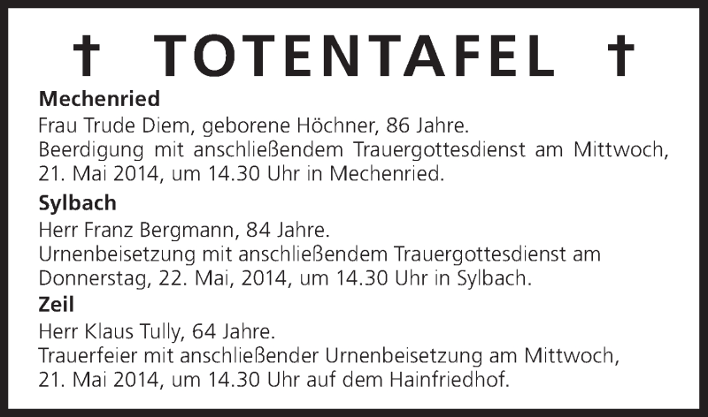  Traueranzeige für Totentafel vom 20.05.2014 vom 20.05.2014 aus MGO