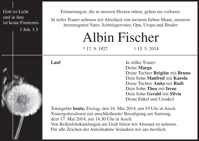  Traueranzeige für Albin Fischer vom 16.05.2014 aus MGO
