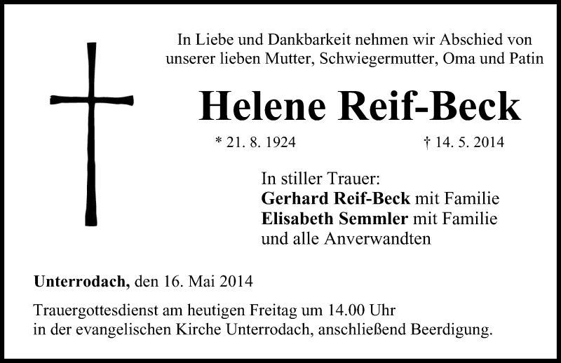  Traueranzeige für Helene Reif-Beck vom 16.05.2014 aus MGO
