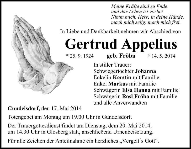  Traueranzeige für Gertrud Appelius vom 17.05.2014 aus MGO
