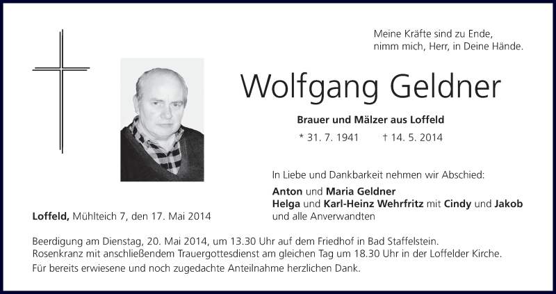  Traueranzeige für Wolfgang Geldner vom 17.05.2014 aus MGO