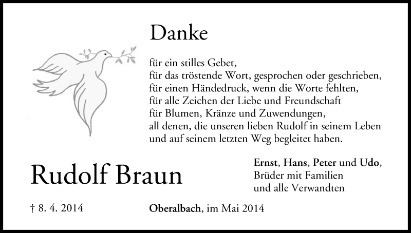  Traueranzeige für Rudolf Braun vom 17.05.2014 aus MGO