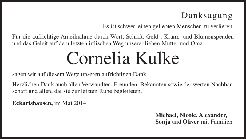  Traueranzeige für Cornelia Kulke vom 17.05.2014 aus MGO