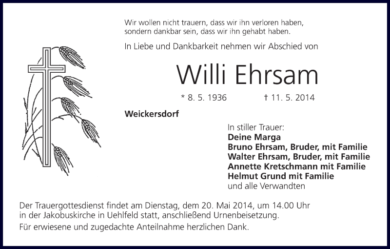  Traueranzeige für Willi Ehrsam vom 19.05.2014 aus MGO