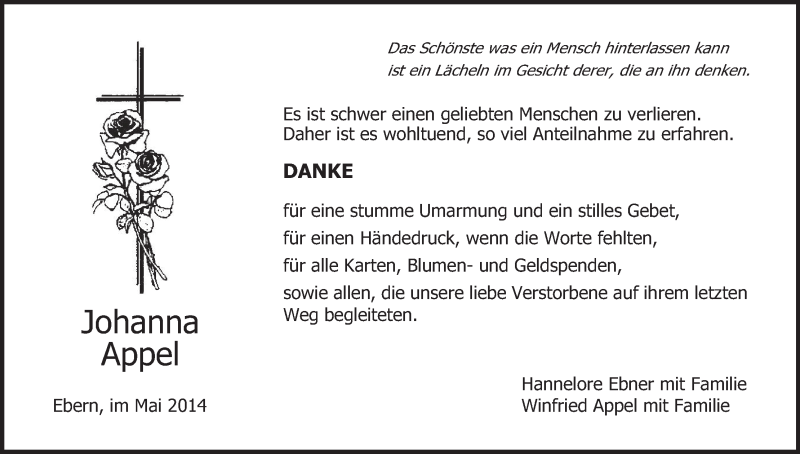  Traueranzeige für Johanna Appel vom 17.05.2014 aus MGO