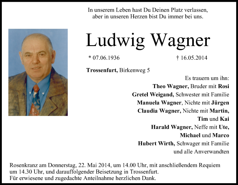  Traueranzeige für Ludwig Wagner vom 20.05.2014 aus MGO