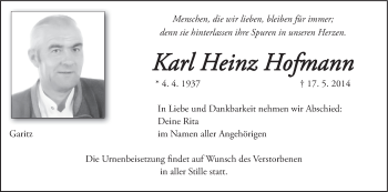 Anzeige von Karl Heinz Hofmann von MGO