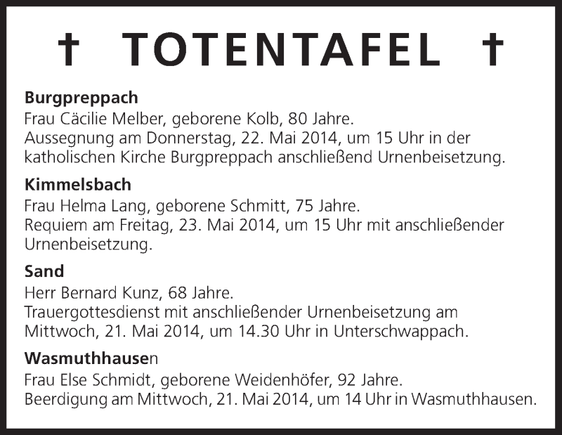  Traueranzeige für Totentafel vom 21.05.2014 vom 21.05.2014 aus MGO