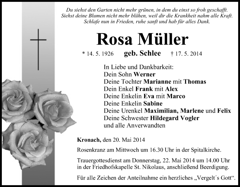  Traueranzeige für Rosa Müller vom 20.05.2014 aus MGO