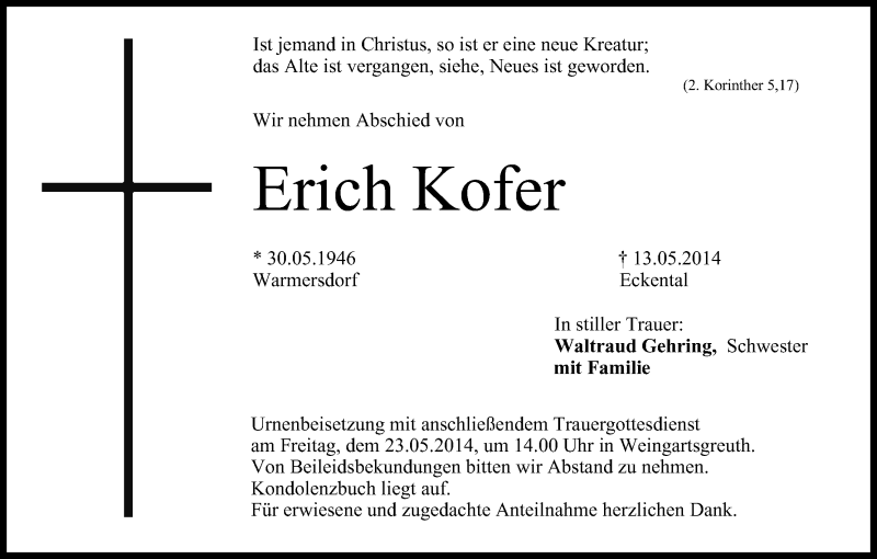  Traueranzeige für Erich Kofer vom 21.05.2014 aus MGO