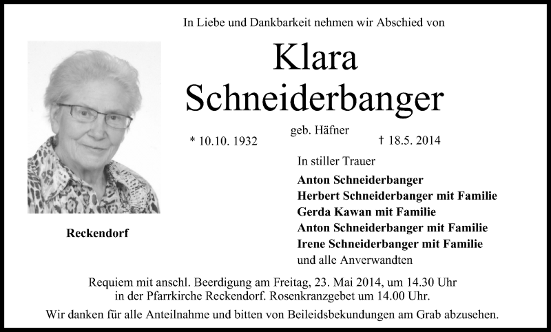  Traueranzeige für Klara Schneiderbanger vom 20.05.2014 aus MGO