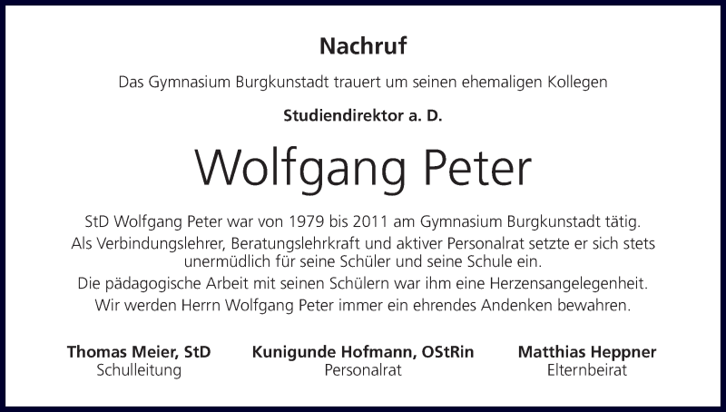  Traueranzeige für Wolfgang Peter vom 21.05.2014 aus MGO