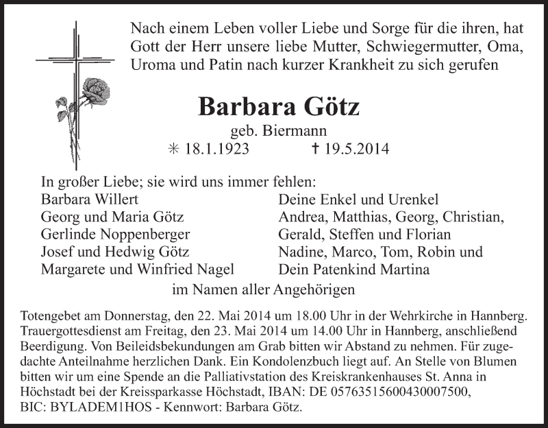  Traueranzeige für Barbara Götz vom 21.05.2014 aus MGO