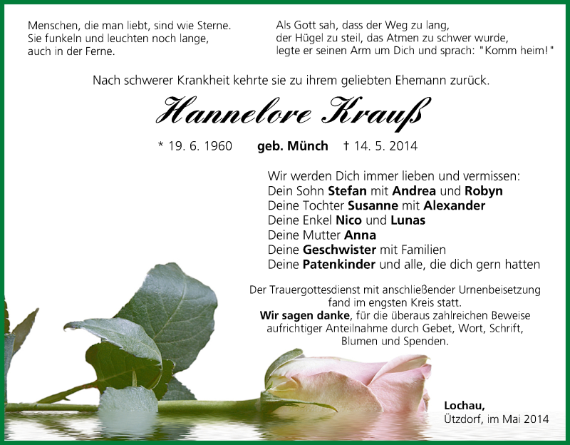  Traueranzeige für Hannelore Krauß vom 24.05.2014 aus MGO