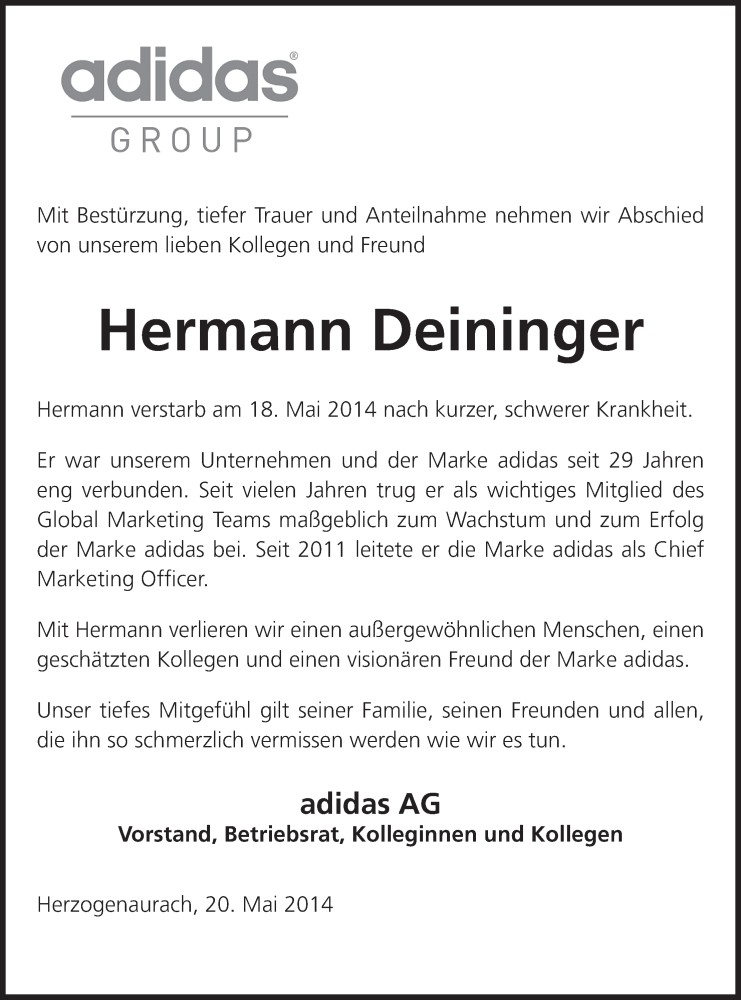  Traueranzeige für Hermann Deininger vom 21.05.2014 aus MGO