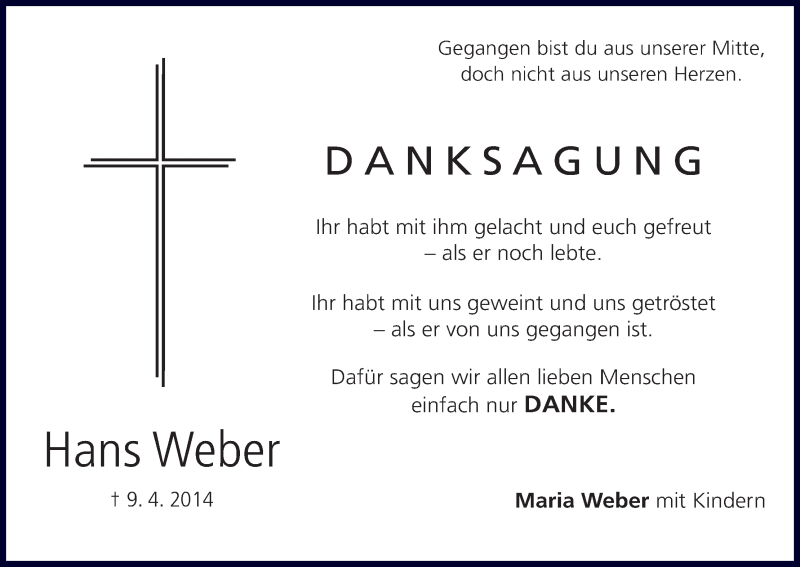  Traueranzeige für Hans Weber vom 23.05.2014 aus MGO