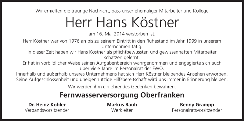  Traueranzeige für Hans Köstner vom 22.05.2014 aus MGO