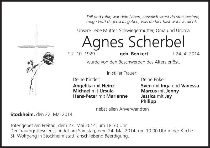  Traueranzeige für Agnes Scherberl vom 22.05.2014 aus MGO