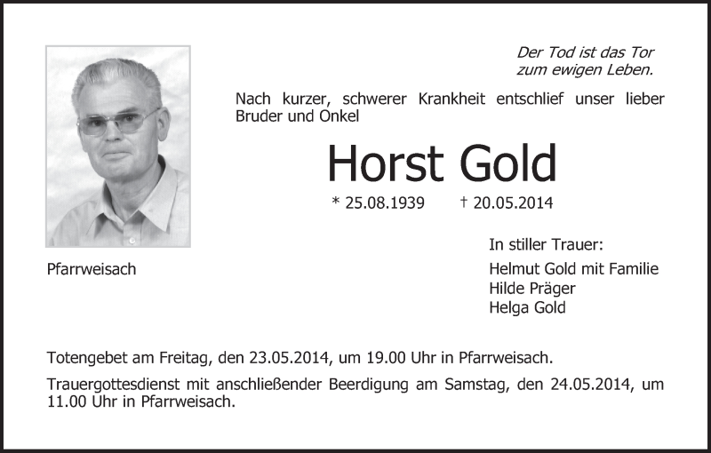 Traueranzeige für Horst Gold vom 22.05.2014 aus MGO