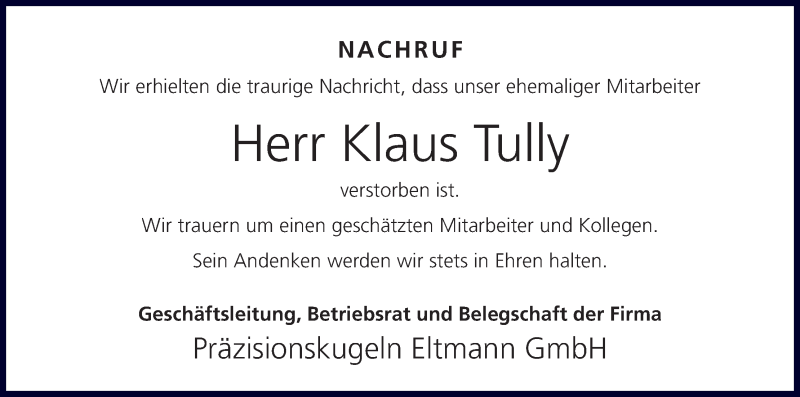  Traueranzeige für Klaus Tully vom 23.05.2014 aus MGO