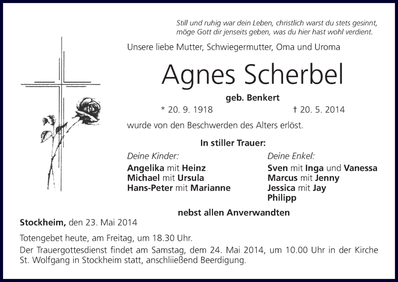  Traueranzeige für Agnes Scherbel vom 23.05.2014 aus MGO