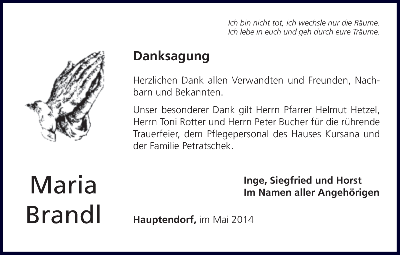  Traueranzeige für Maria Brandl vom 24.05.2014 aus MGO