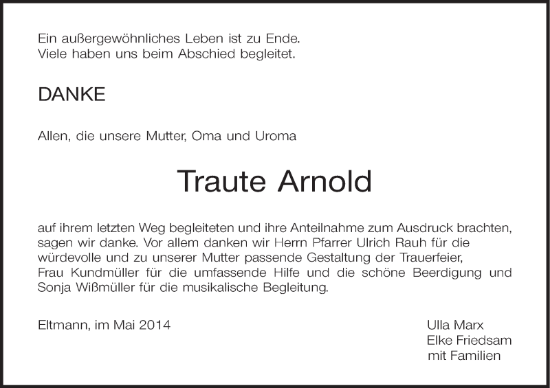  Traueranzeige für Traute Arnold vom 24.05.2014 aus MGO