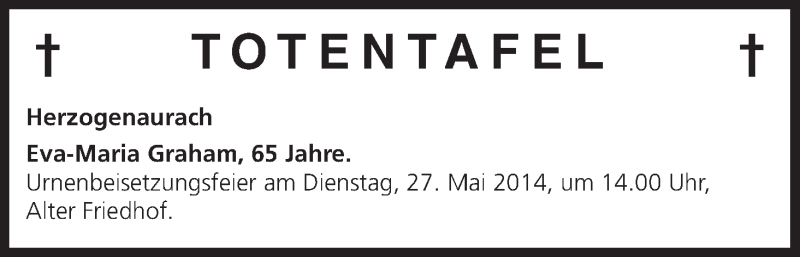  Traueranzeige für Totentafel, vom 24.05.2014 vom 24.05.2014 aus MGO