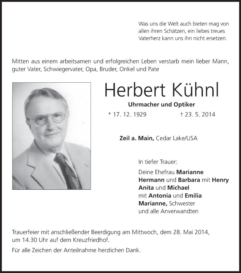  Traueranzeige für Herbert Kühnl vom 26.05.2014 aus MGO