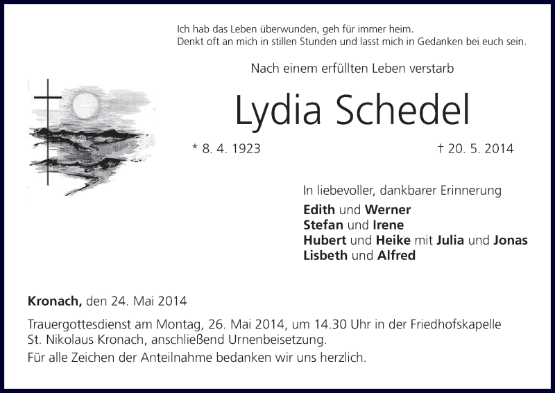  Traueranzeige für Lydia Schedel vom 24.05.2014 aus MGO