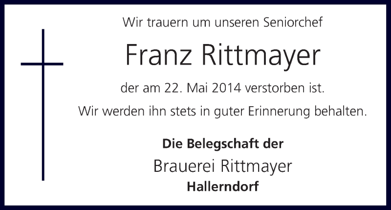  Traueranzeige für Franz Rittmayer vom 24.05.2014 aus MGO