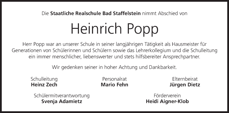 Traueranzeige für Heinrich Popp vom 27.05.2014 aus MGO