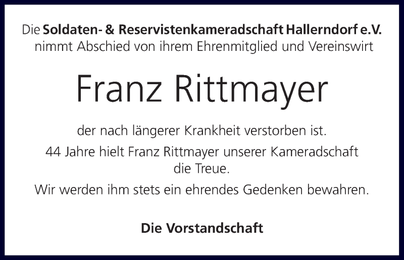  Traueranzeige für Franz Rittmayer vom 27.05.2014 aus MGO