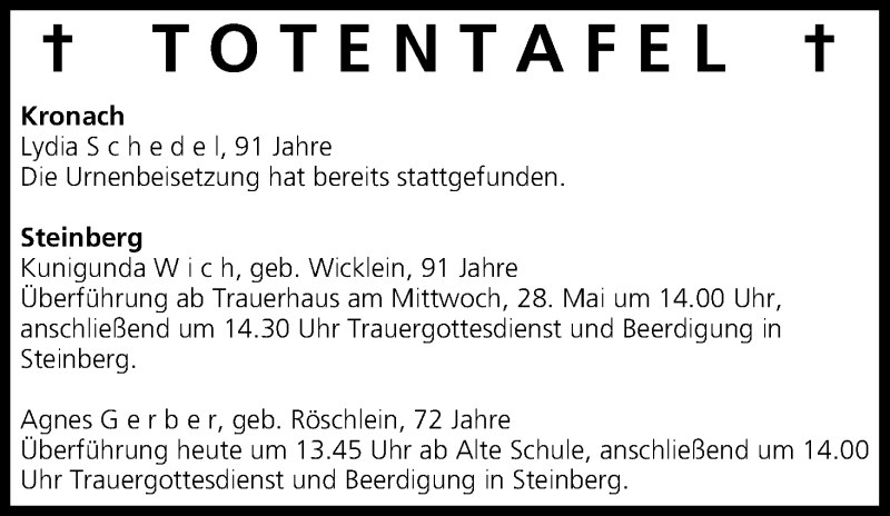  Traueranzeige für Totentafel vom 27.05.2014 vom 27.05.2014 aus MGO
