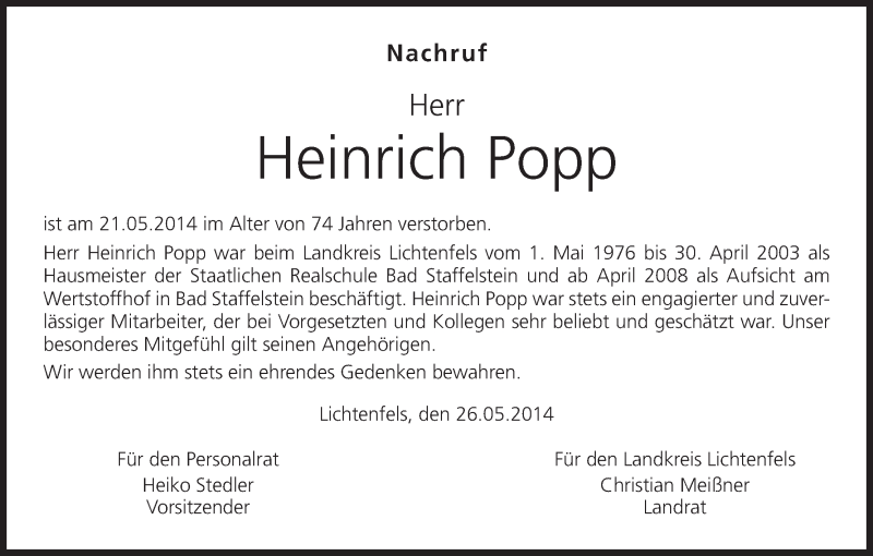  Traueranzeige für Heinrich Popp vom 27.05.2014 aus MGO