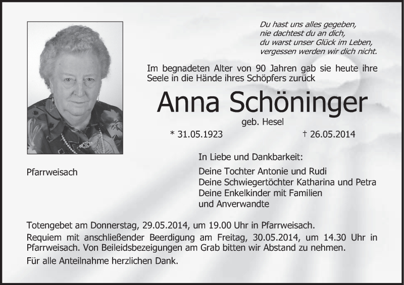  Traueranzeige für Anna Schöninger vom 27.05.2014 aus MGO