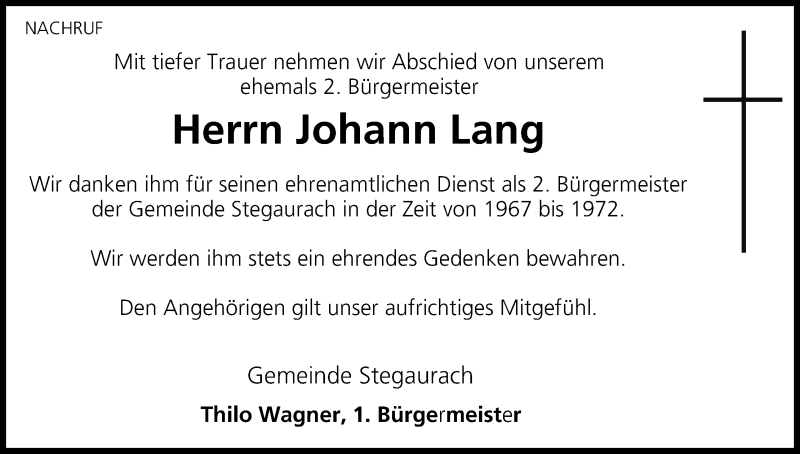  Traueranzeige für Johann Lang vom 28.05.2014 aus MGO