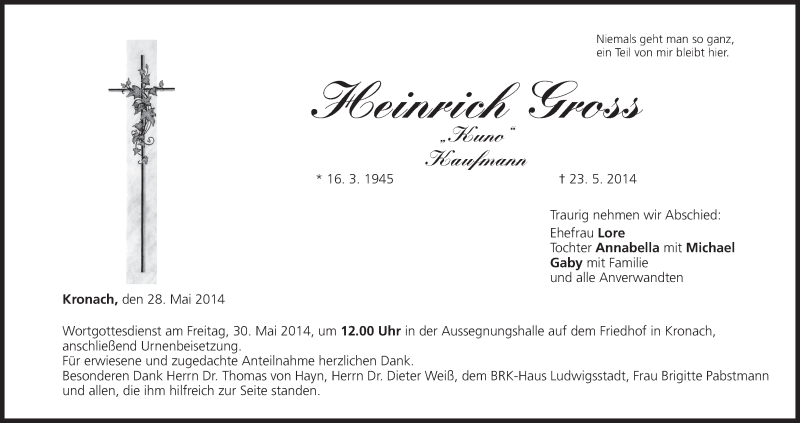  Traueranzeige für Heinrich Gross vom 28.05.2014 aus MGO