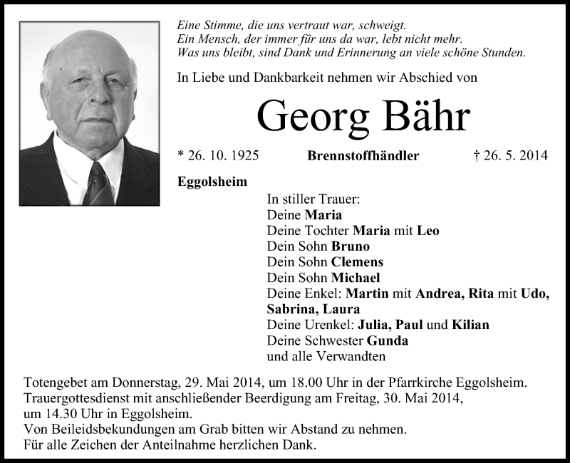  Traueranzeige für Georg Bähr vom 28.05.2014 aus MGO