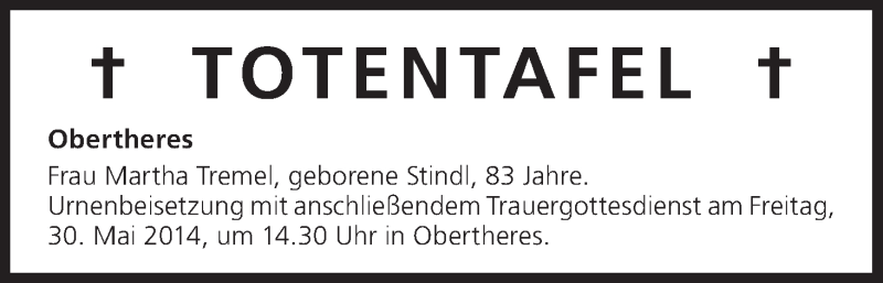  Traueranzeige für Totentafel vom 29.05.2014 vom 29.05.2014 aus MGO
