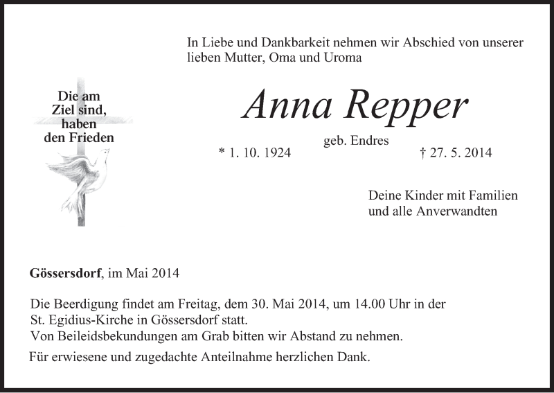  Traueranzeige für Anna Repper vom 29.05.2014 aus MGO