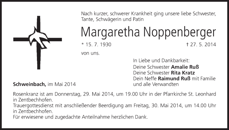  Traueranzeige für Margaretha Noppenberger vom 29.05.2014 aus MGO