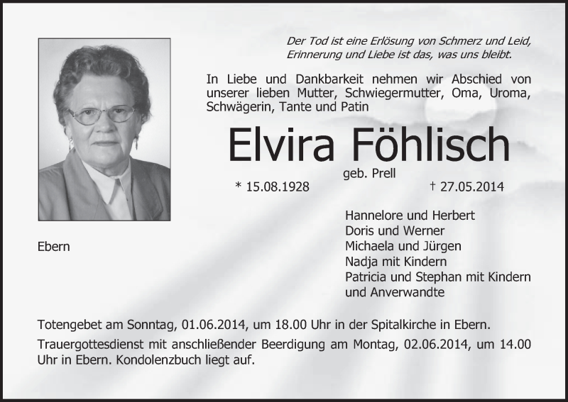  Traueranzeige für Elvira Föhlisch vom 29.05.2014 aus MGO