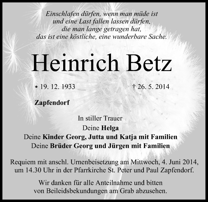  Traueranzeige für Heinrich Betz vom 31.05.2014 aus MGO
