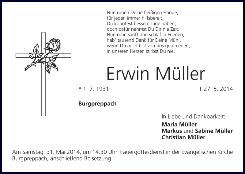  Traueranzeige für Erwin Müller vom 29.05.2014 aus MGO