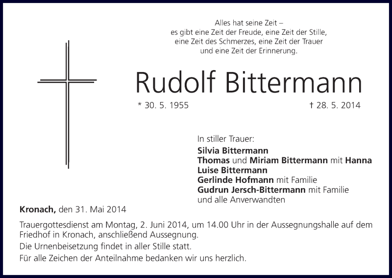 Traueranzeige für Rudolf Bittermann vom 31.05.2014 aus MGO