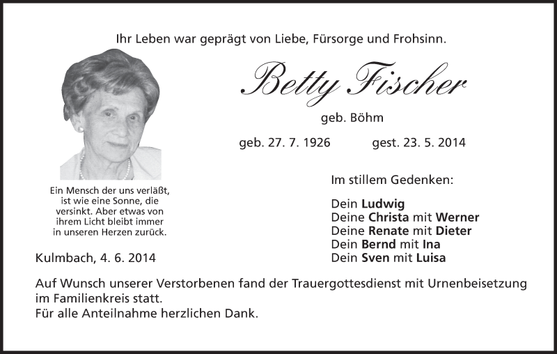  Traueranzeige für Betty Fischer vom 04.06.2014 aus MGO